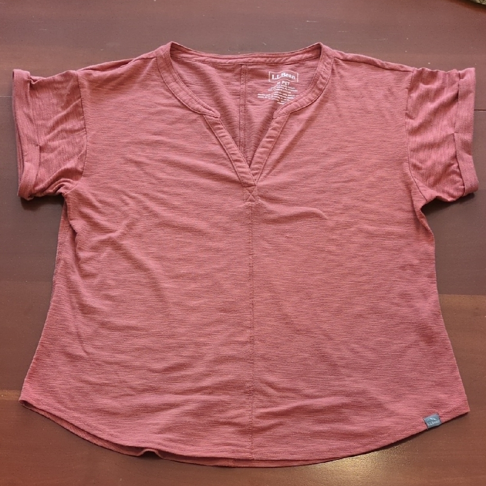 LL Bean Petite Medium Short Sleeve V Neck Top Rust Brown Orange